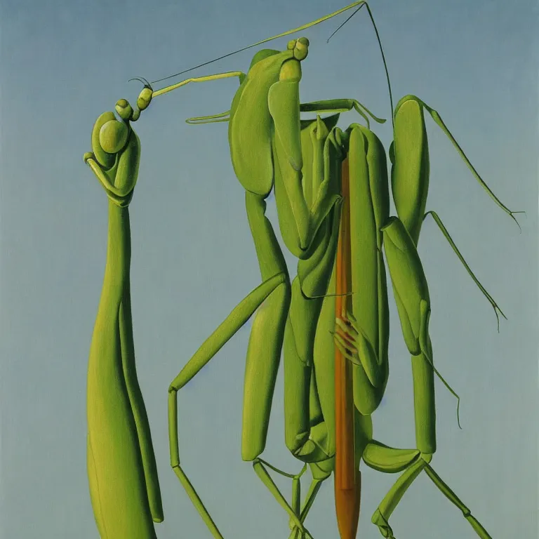 Prompt: praying mantis, by rene magritte, centered, detailed painting, hd, hq, high resolution, high detail, 4 k, 8 k