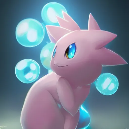 Prompt: cinematic portrait of beautiful Mew Pokemon on blue bubble, oil on canvas, masterpiece, trending on artstation, featured on pixiv, cinematic composition, dramatic pose, beautiful lighting, sharp, details, hyper-detailed, HD, HDR, 4K, 8K