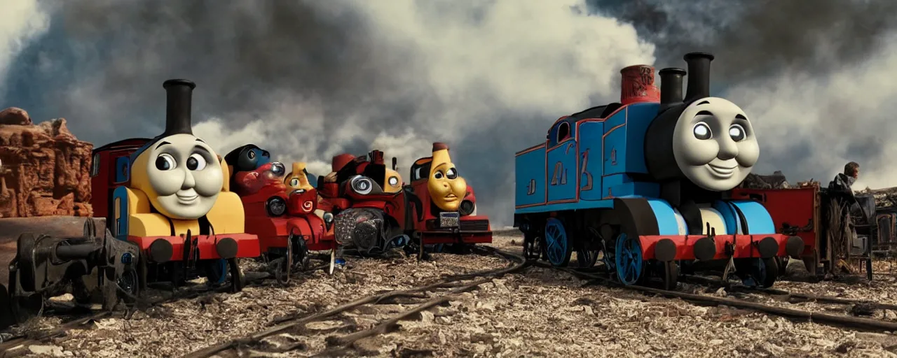 Image similar to thomas the tank engine mad max style, film still, epic shot cinematography, rule of thirds