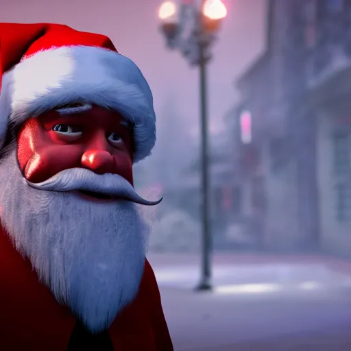 Prompt: photo of a gangster santa claus, movie still, cinematic, 8 k, unreal engine, 3 d render