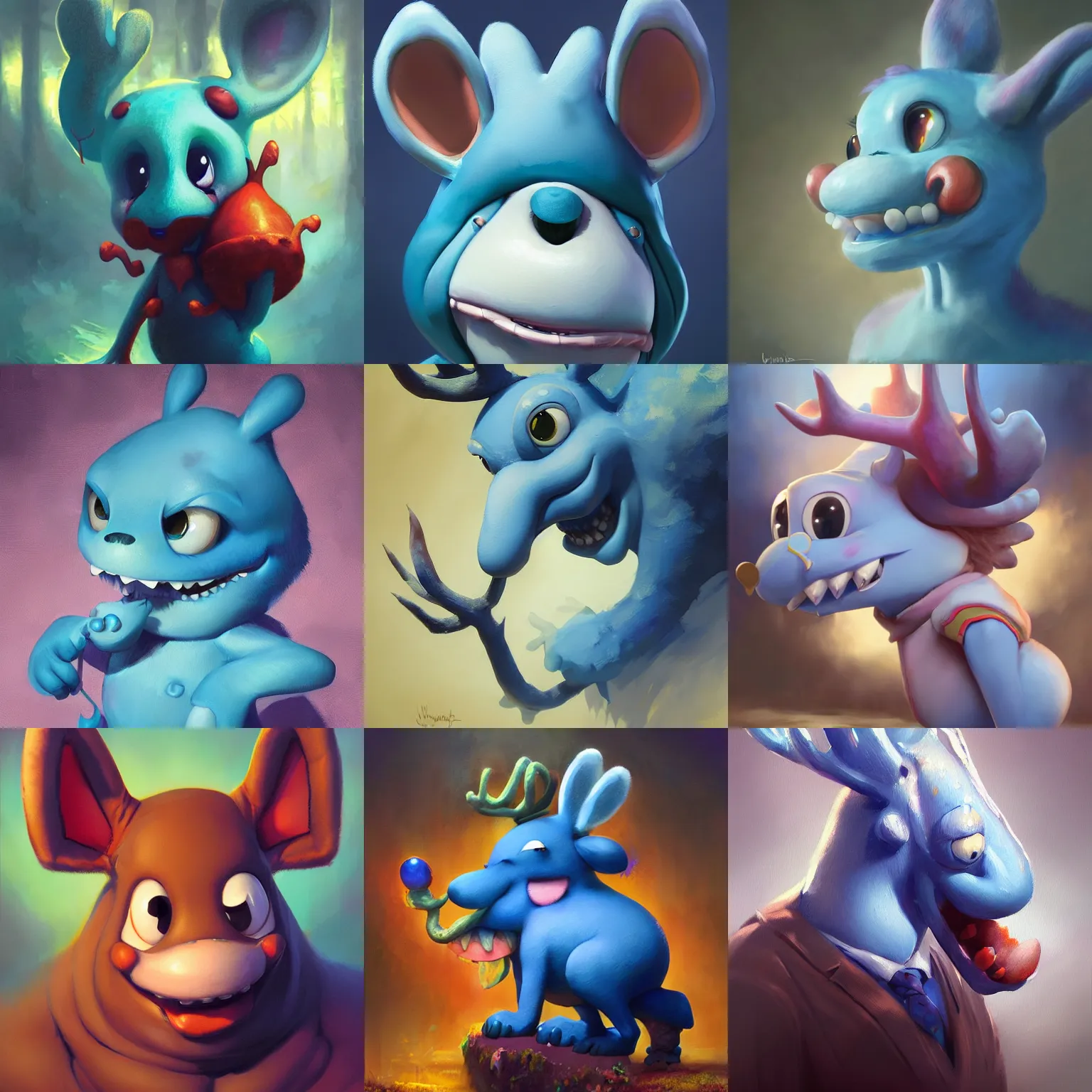 Prompt: expressive oil painting of lumpy ( blue moose from happy tree friends ), smooth, by yoshitaka amano, by greg rutkowski, by jeremyg lipkinng, by artgerm, digital art, octane render