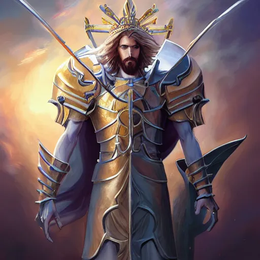 Image similar to Jesus as a knight of zodiac using a the saint seiya Sacred Heart armor, by Stanley Artgerm Lau, WLOP, Rossdraws, James Jean, Andrei Riabovitchev, Marc Simonetti, Yoshitaka Amano, ArtStation, CGSociety,