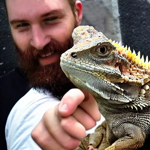 Image similar to a giant bearded dragon hanging out with blonde hair women