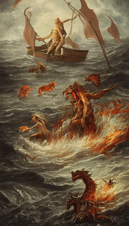 Image similar to man on boat crossing a body of water in hell with creatures in the water, sea of souls, by studio 4 c