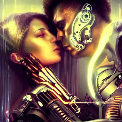 Image similar to ultra realistic medium shot of a couple of cyborgs kissing, lovers, cyberpunk, sci - fi, fantasy, kodak, colour led, soft light, volumetric lighting, night, intricate, highly detailed, digital painting, concept art, smooth, sharp focus, illustration, art by artgerm and greg rutkowski and alphonse mucha