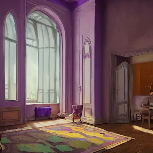 Prompt: interior of an apartment with purple carpeting and large windows, matte painting by sylvain surrailh, greg rutkowski, artstation