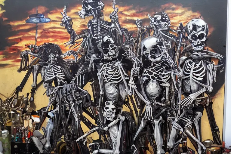 Image similar to skeleton heavy metal band live at coachella, art by danny flynn and simon bisley, trending on artstation, halfrear, oil and canvas, very very intricate, street art