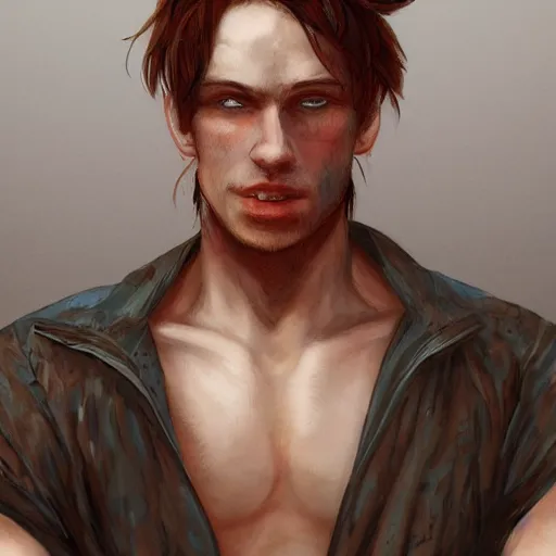 Image similar to portrait of a teen boy with long red hair and a lot of freckles and muscular, intricate, highly detailed, digital painting, artstation, sharp focus, illustration