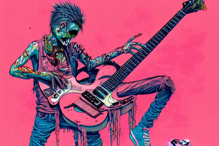 Image similar to risograph of a punk zombie playing guitar, tristan eaton, victo ngai, artgerm, rhads, ross draws, intricated details