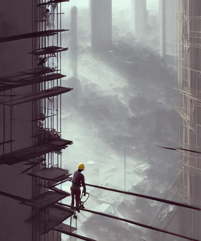 Prompt: view from a window of a construction worker on a steel beam by charlie bowater and anna dittmann and artgerm and clemens ascher, intricate, elegant, beige mist, highly detailed, dramatic lighting, sharp focus, octane render, trending on artstation, artstationhd, artstationhq, unreal engine, 4 k, 8 k