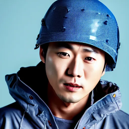 Image similar to a close up photographic portrait of a handsome korean actor wearing wet weather gear looking worried taken by annie leibowitz. cinematic lighting, blue background colour, 5 0 mm, subsurface scatter.