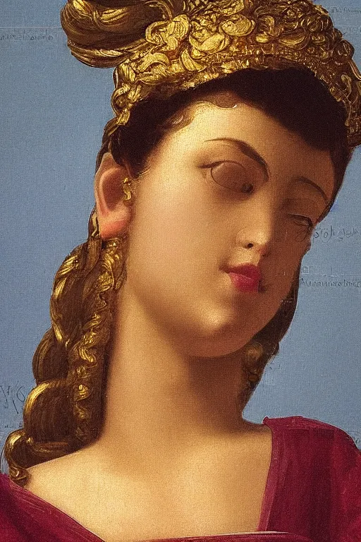 Image similar to Beautiful girl, calm face, closeup, ultra detailed, made in gold, Guido Reni style