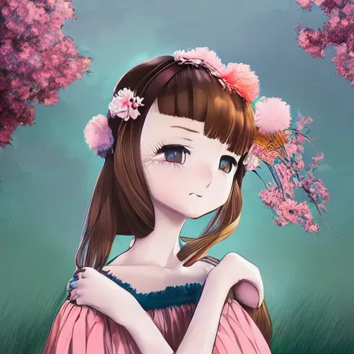 Image similar to little girl with flowers in hair wearing an dress made of feathers, anime style, art by ilya kuvshinov, 8 k, concept art