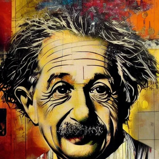 Prompt: portrait of albert einstein by karol bak, banksy, simon bisley, guy denning, mimmo rotella, ravi zupa