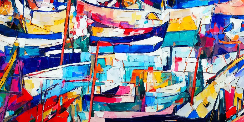 Prompt: abstract maximalist painting, interesting relationship within the composition, gestural lines, maximalism, boats at harbor, white sketchbook style, paint on canvas, power washed texture, masterpiece,