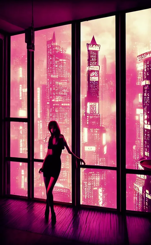 Image similar to realistic vertical photo, girl in 7 0's retro club, editorial, fashion, neon - decorated urban on night in the city seen through window, realistic, modern design, vintage, night, blade runner, dark, clean lines, asian futuristic city at distance, big windows, octane, wide angle