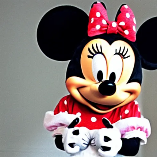 Prompt: Minnie mouse scared of a mouse