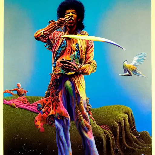 Prompt: colour portrait masterpiece photography of jimi hendrix full body shot by annie leibovitz, ultrawide angle, miho hirano, michael cheval, moebius, josh kirby, weird surreal epic psychedelic complex biomorphic 3 d fractal landscape in background by roger dean and syd mead and kilian eng and james jean and beksinski, greg hildebrandt, 8 k