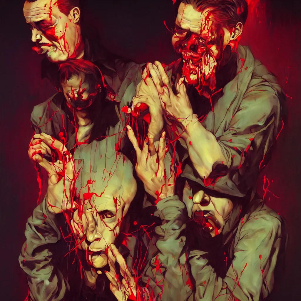 Prompt: weird and disturbing portrait of mike patton puking blood, vivid colors, death, neon, art by ( ( ( kuvshinov ilya ) ) ) and wayne barlowe and francis bacon and artgerm and wlop and william - adolphe bouguereau