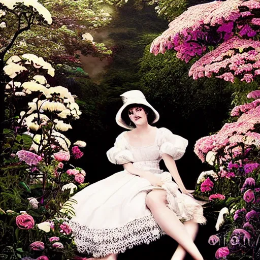 Prompt: full body fashion model emma watson smokey eyes makeup eye shadow fantasy, glow, shimmer as victorian woman in a long white frilly lace dress and a large white hat having tea in a sunroom filled with flowers, roses and lush fern flowers ,intricate, night, highly detailed, dramatic lighting , high quality by Hasui Kawase by Richard Schmid