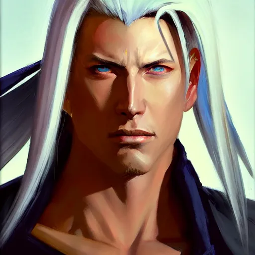 Image similar to Greg Manchess portrait painting of Sephiroth from FFVII as Overwatch character, medium shot, asymmetrical, profile picture, Organic Painting, sunny day, Matte Painting, bold shapes, hard edges, street art, trending on artstation, by Huang Guangjian and Gil Elvgren and Sachin Teng