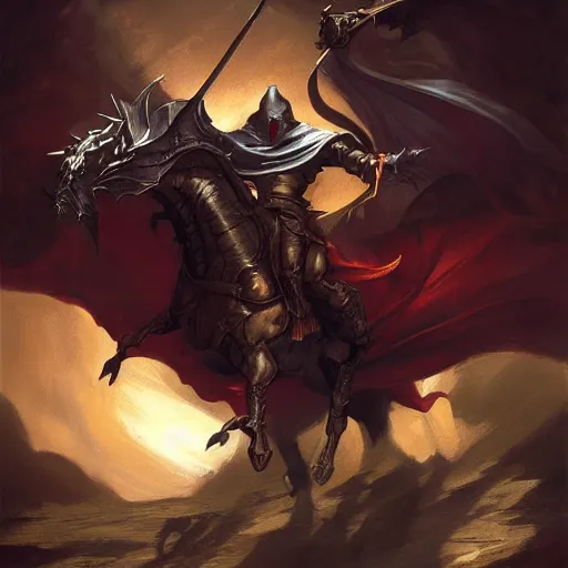 Prompt: hooded knight riding a wyvern by frank frazetta, flowing cape, dynamic pose, chiaroscuro, fantasy, very detailed, dungeons & dragons, sharp focus, striking, artstation contest winner, detailed
