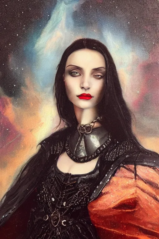 Image similar to by inci eviner oil painting, close - up portrait of european medieval brunette vampire fashion model, knight, steel gradient mixed with nebula sky, in style of baroque