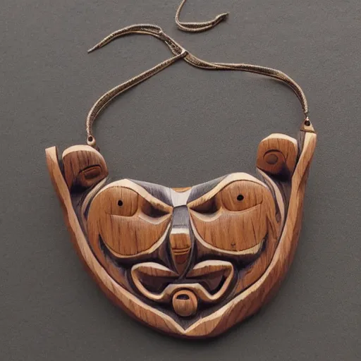 Image similar to wood carved jewelry inspired by the Haida Gwaii totems, high detail, product photo