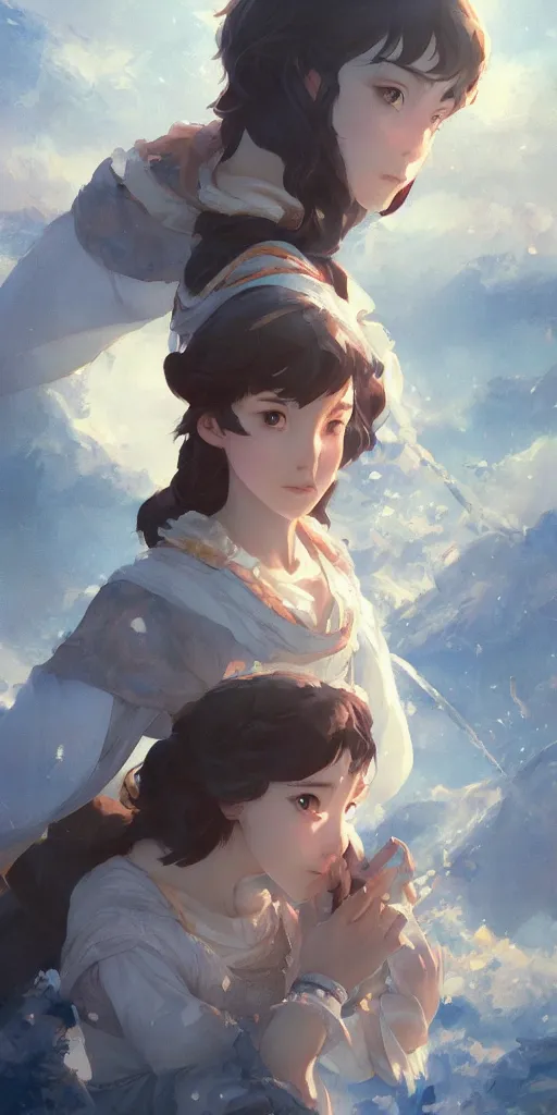 Image similar to still from snow white if made by krenz cushart and wenjun lin, portrait, illustration, rim light, top light, summer clear blue sky, perfectly shaded, soft painting, epic, intricate, art