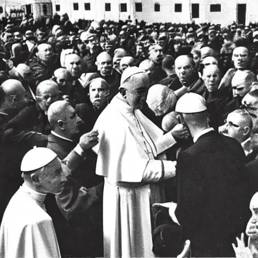 Image similar to the pope giving out communion to a large group of armed fascists in the 1930s, 8k