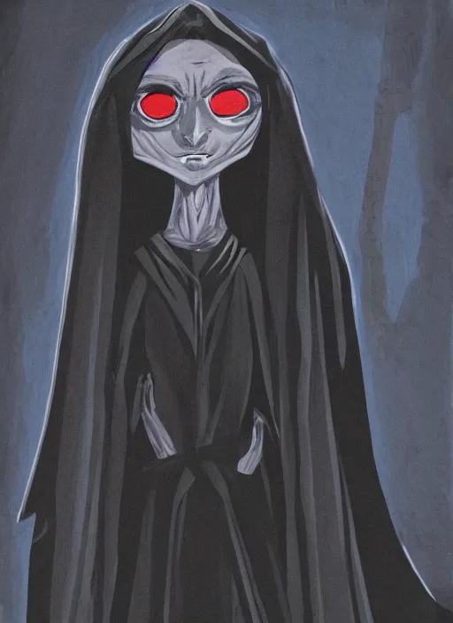 Prompt: dark gouache illustration of a character wearing a black robe, glowing eyes, 4 k, detailed