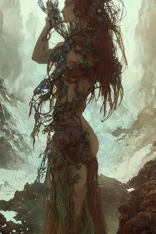 Image similar to a full body portrait of a beautiful post apocalyptic offworld neoicelandic biofarmer swimming by the waterfalls, intricate, elegant, highly detailed, digital painting, artstation, concept art, smooth, sharp focus, illustration, art by krenz cushart and artem demura and alphonse mucha