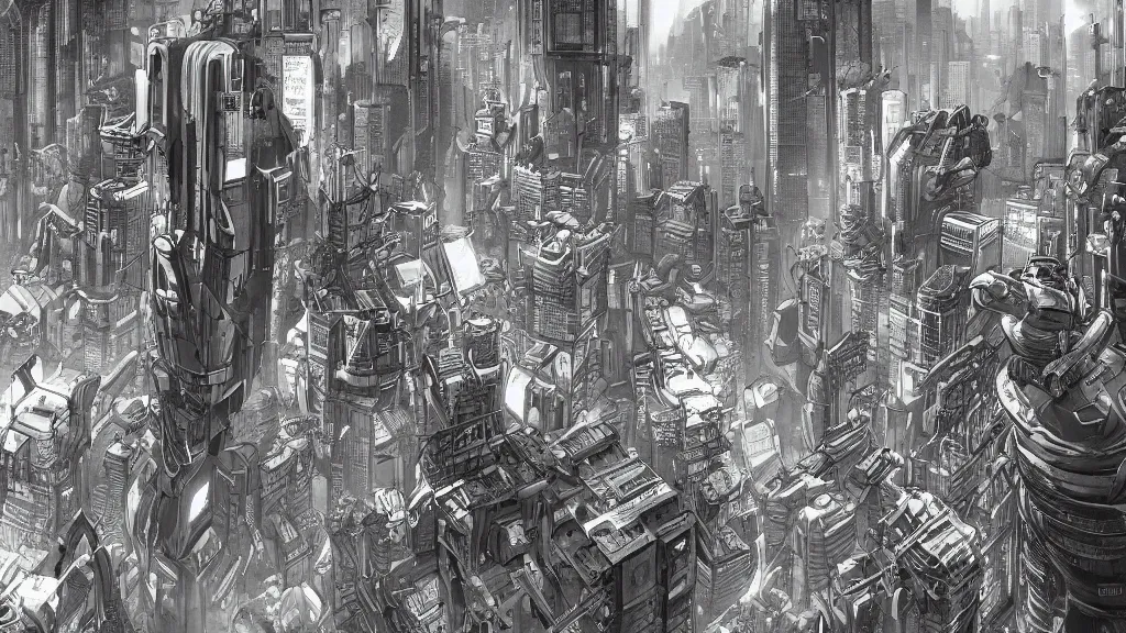 Prompt: a war in cyberpunk city, trending on artstation, hyper realistic, extremely higly detailed, line drawing, sketching, art by sung choi