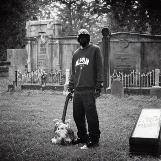 Image similar to MF DOOM standing in a graveyard with a dug up coffin, studio photograph