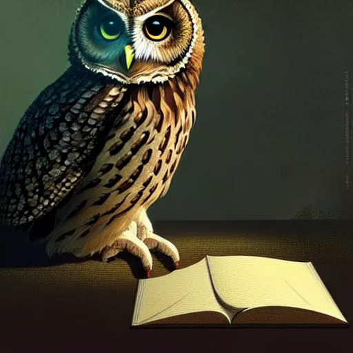 Image similar to a wise owl reviewing texts in a computer, art by greg rutkowski, intricate, elegant, highly detailed, smooth, sharp focus, artstation