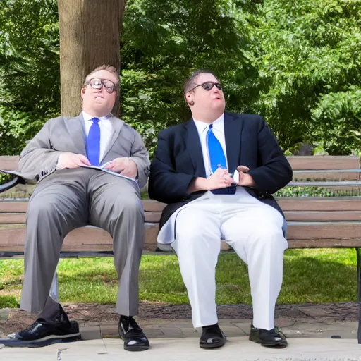 Prompt: two clean - shaven chubby white men in suits and neckties sitting on a park bench. each men are holding manila folders.