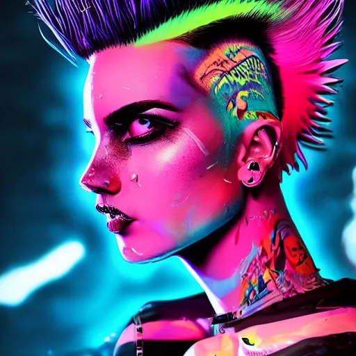 Image similar to splashes of neon magic, mowhawk, punk women portrait made out of paint, trending on artstation, epic composition, emotional, beautiful, rendered in octane, highly detailed, realistic, tim burton comic book art, sharp focus, unreal engine