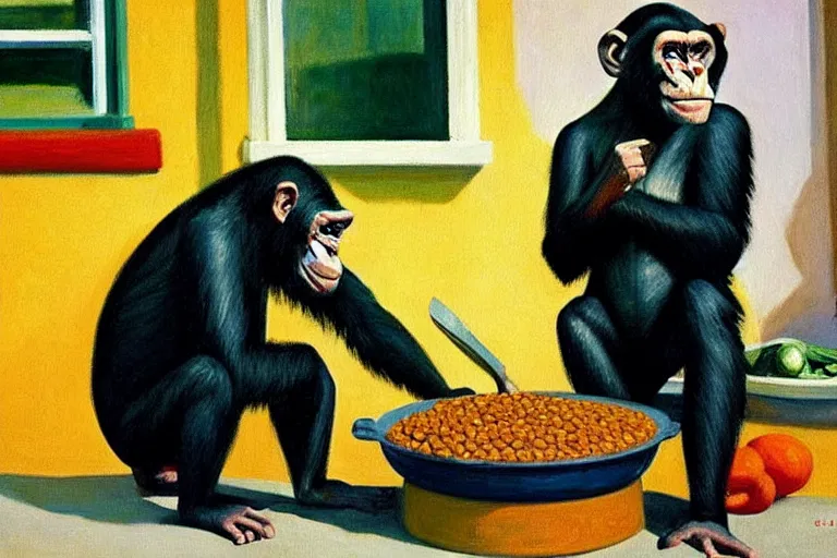 Image similar to a highly detailed painting of chimpanzees cooking lentil dhaal, by Edward hopper