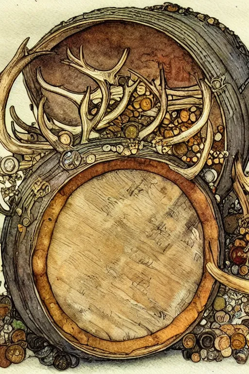 Prompt: a frothy wooden wine barrel in the center of a frame made of antlers and coins, art by walter crane and arthur rackham, illustration style, watercolor