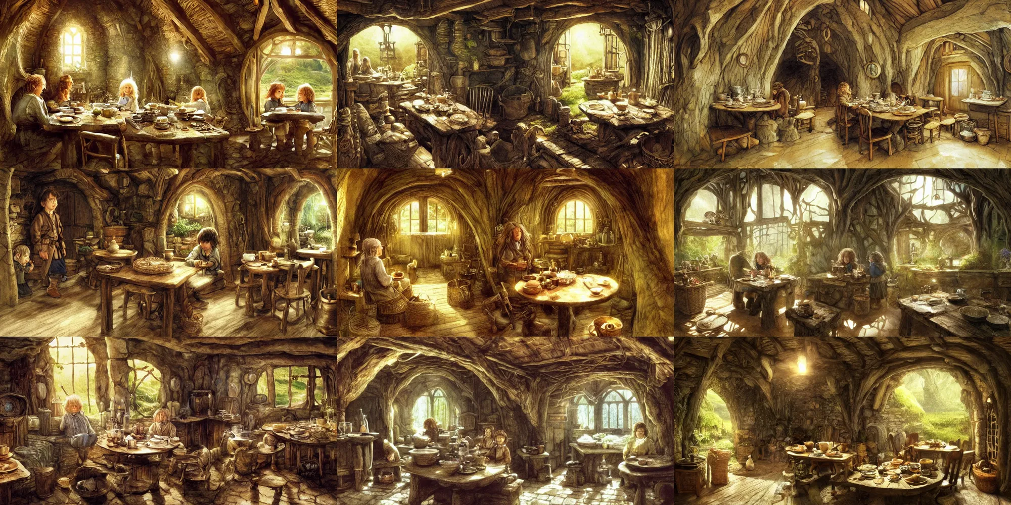 Prompt: a hobbit family within the interior of a hobbit hole, table set for second breakfast, by alan lee, art station, dust flickers in beams of light from the windows, finely detailed furniture, oil painting