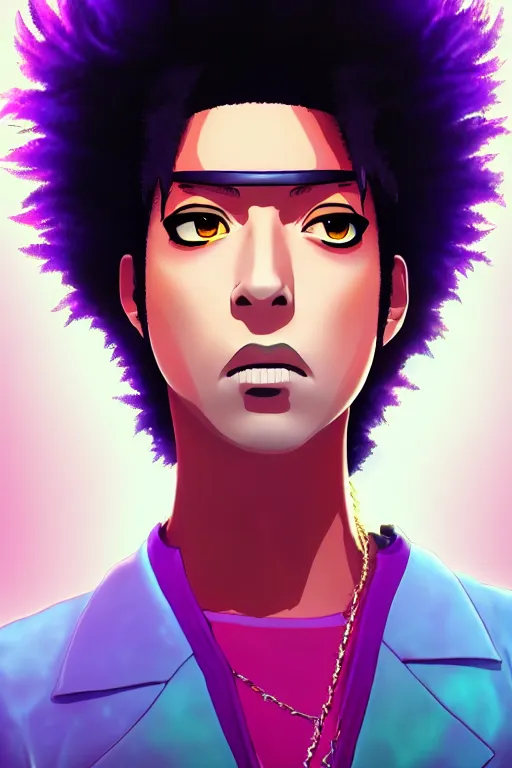 Image similar to prince, rock star, photorealistic face 4 k digital paint by studio ghibli hayao miyazaki. vivid colours, vaporwave lighting style, very sharp and detailed. trending on artstation and behance.