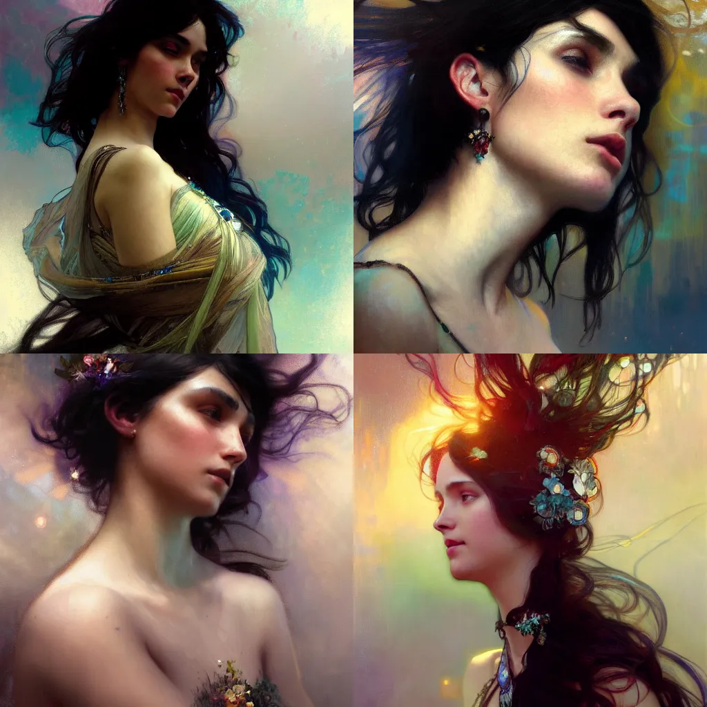 Prompt: a beautiful black haired young woman, adorned with precious stones by jeremy mann and alphonse mucha, photo realistic, dynamic lighting, windy, artstation, poster, dreamy, volumetric lighting, ethereal, 4 k, high detail