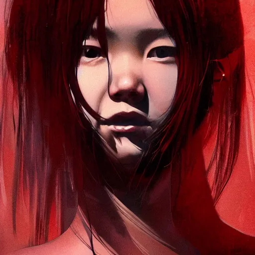 Image similar to full body portrait of a korean schoolgirl with long hair and bangs, her arms are mutating into thin red tedrils, dramatic lighting, illustration by Greg rutkowski, yoji shinkawa, 4k, digital art, sci-fi horror concept art, trending on artstation