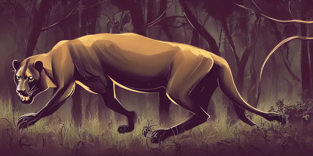 Prompt: a black lioness, made of smooth black goo, prowling through the forest, viscous, sticky, full of tar, covered with black goo. concept art, painting, animal drawing, color, savanna, wildlife photography, black goo, cinematic, in the style of cory loftis