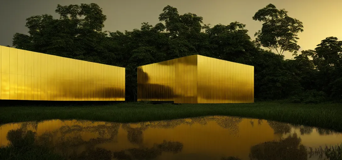 Image similar to futuristic shinny golden building camouflaged in the amazonian jungle landscape of a solarpunk world by alvar aalto, golden roads by le corbusier, movie poster, golden ratio, at dusk lighting, evening lighting, reflections and refractions, film still, hyper realistic, octane render redshift arnold materials unreal engine, 8 k, post production, hyper detailed