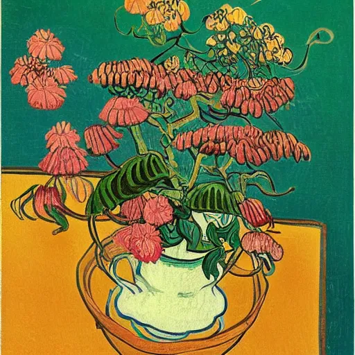 Image similar to a colorful illustration of the coffee plant and flowers, detailed patters, in the style of Japanese illustration, Van Gogh, Matisse, Caravaggio