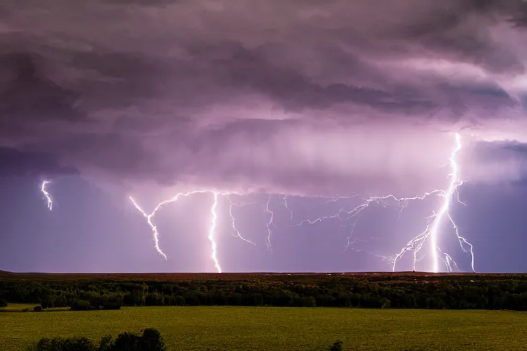 Image similar to a photograph of a tornado, thunderstorm, lightning bolts, illuminated from various angles by the setting sun, cinematic, dramatic lighting, mystic hue