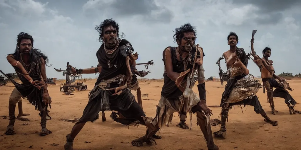 Image similar to sri lankan mad max style, dancing, film still, epic shot cinematography, rule of thirds