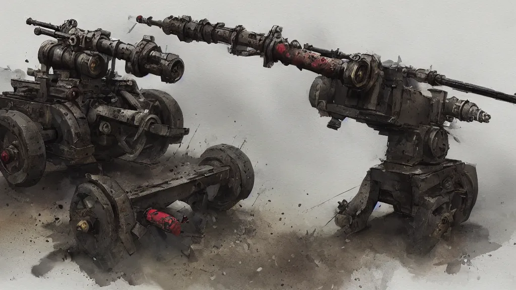 Prompt: realistic looking howitzer cannon, watercolored, jakub rozalski, dark colours, dishonored, artstation