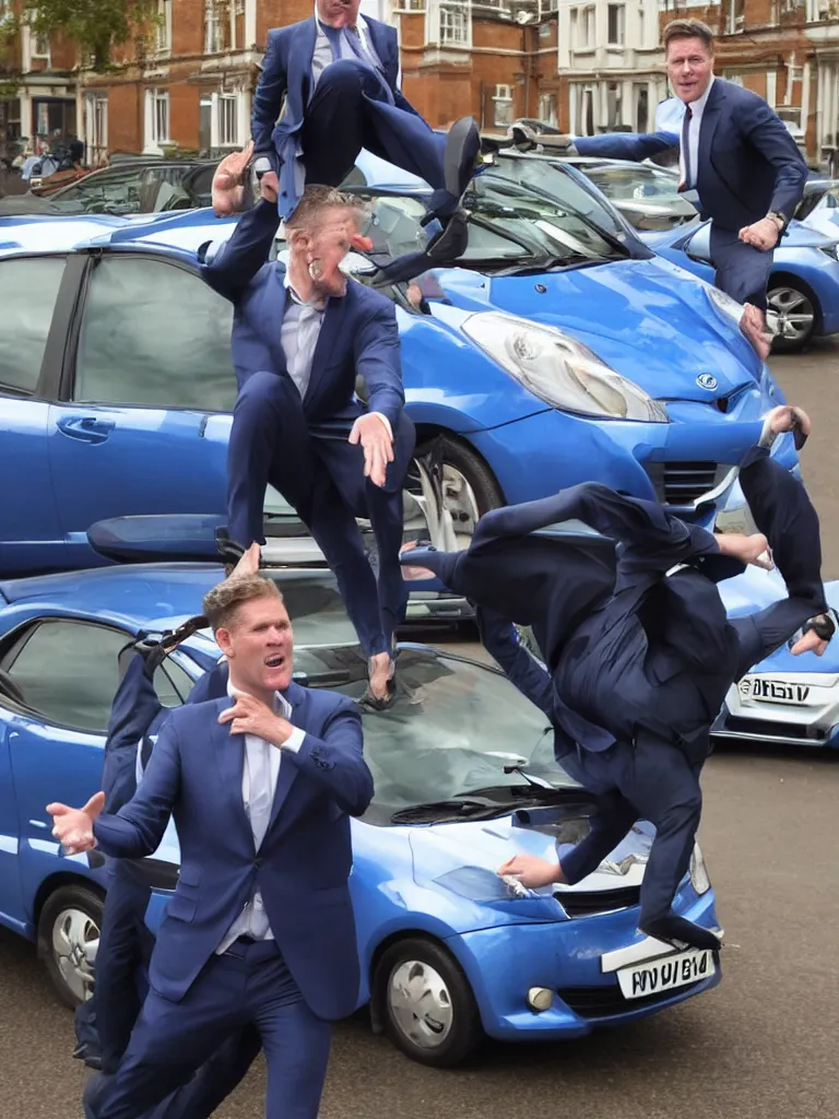 Prompt: Sir Kier Starmer wearing a blue suit jumping on top of a toyota yaris